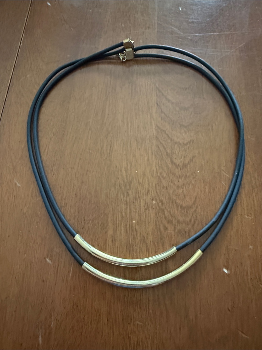 Double-Strand Black Cord Necklace with Gold-Tone Curved Tubes